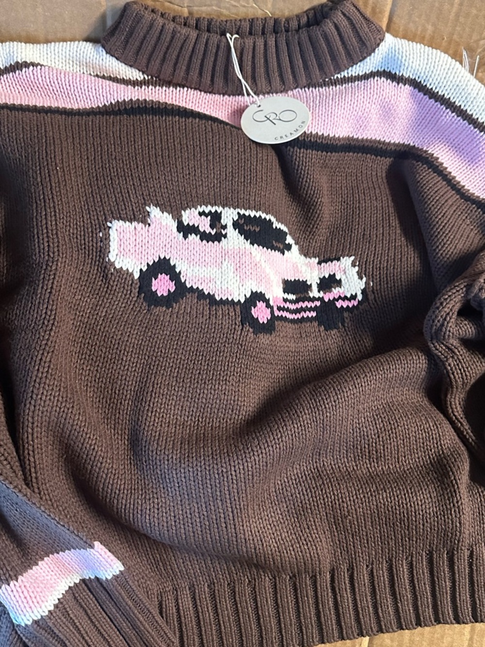Retro Car CreamOn Brown and Pink Sweater